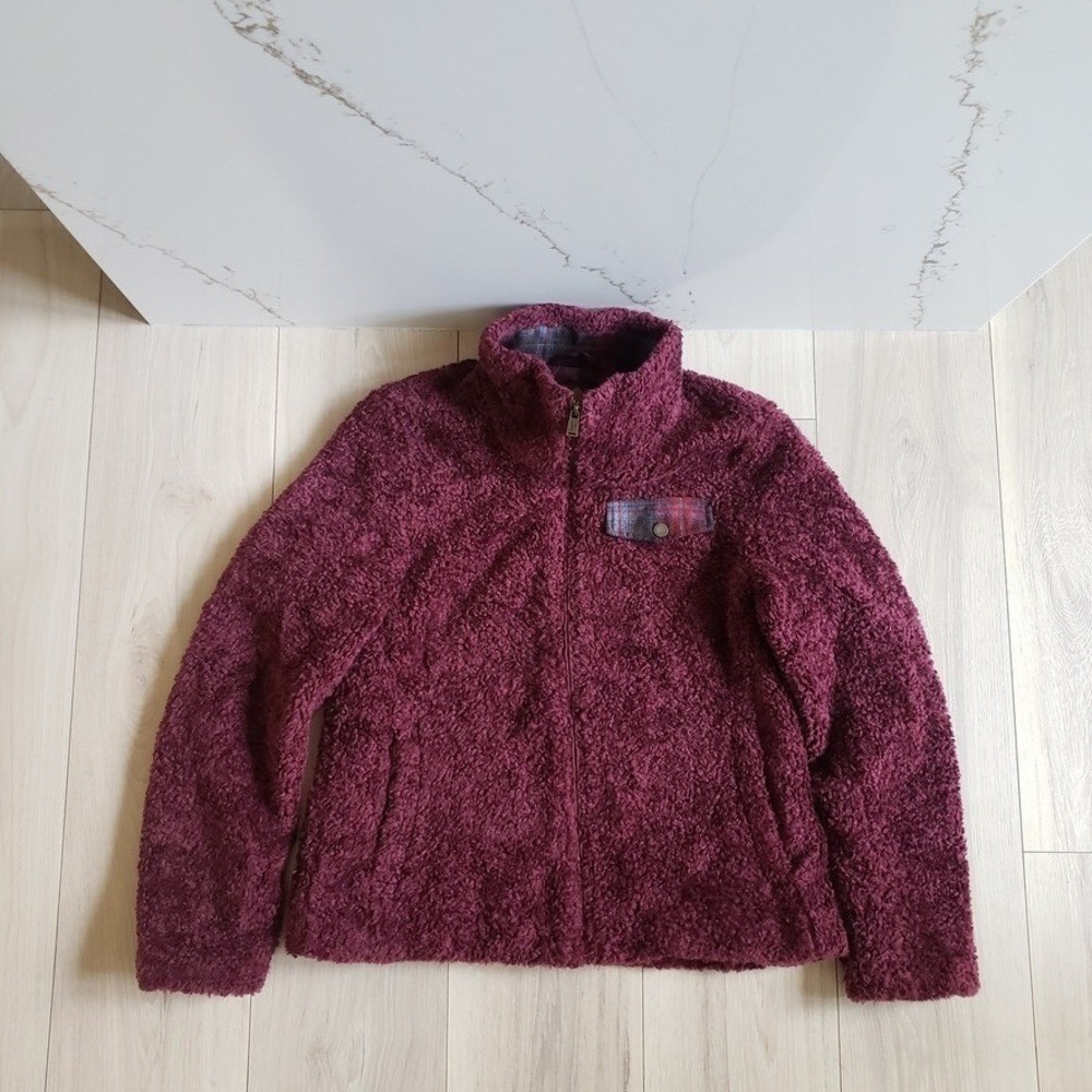 Pendleton Fleece Jacket Womens Medium Burgundy‎ Sherpa Full Zip Plaid Accent
